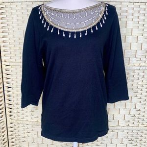 Bob Mackie Wearable Art Black Pearl, Bead, Rhinestone & Net Accent Sweater Small